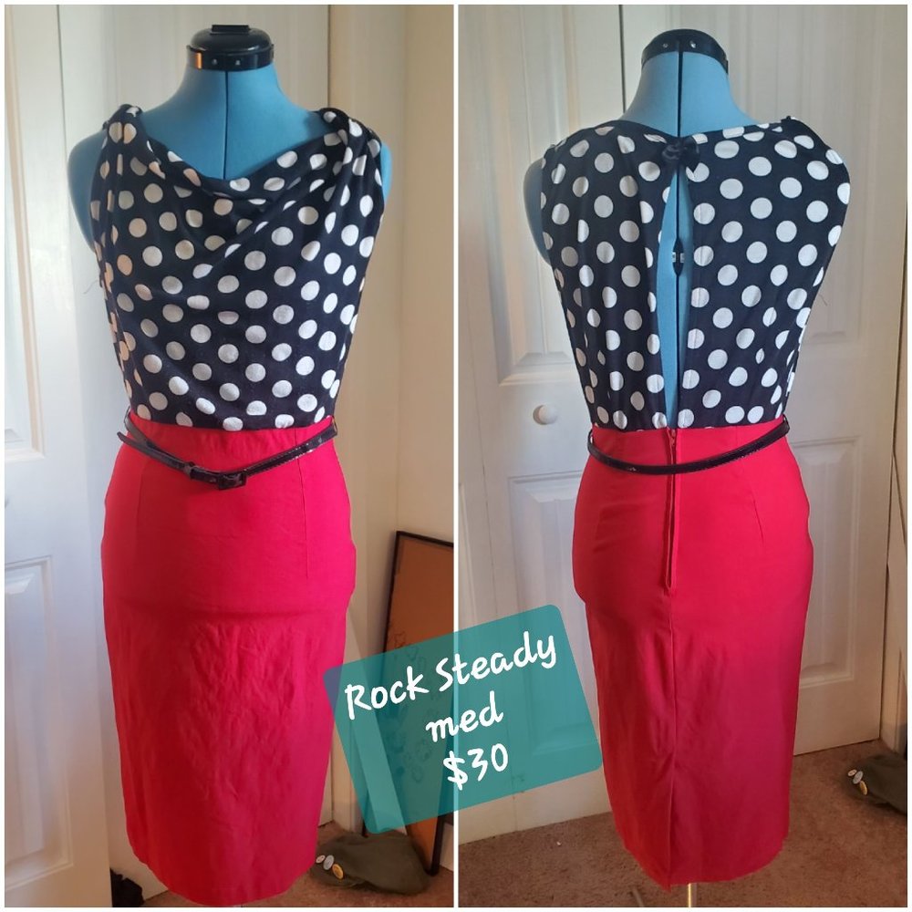 Red, Black & White Polka Dot Dress with Belt